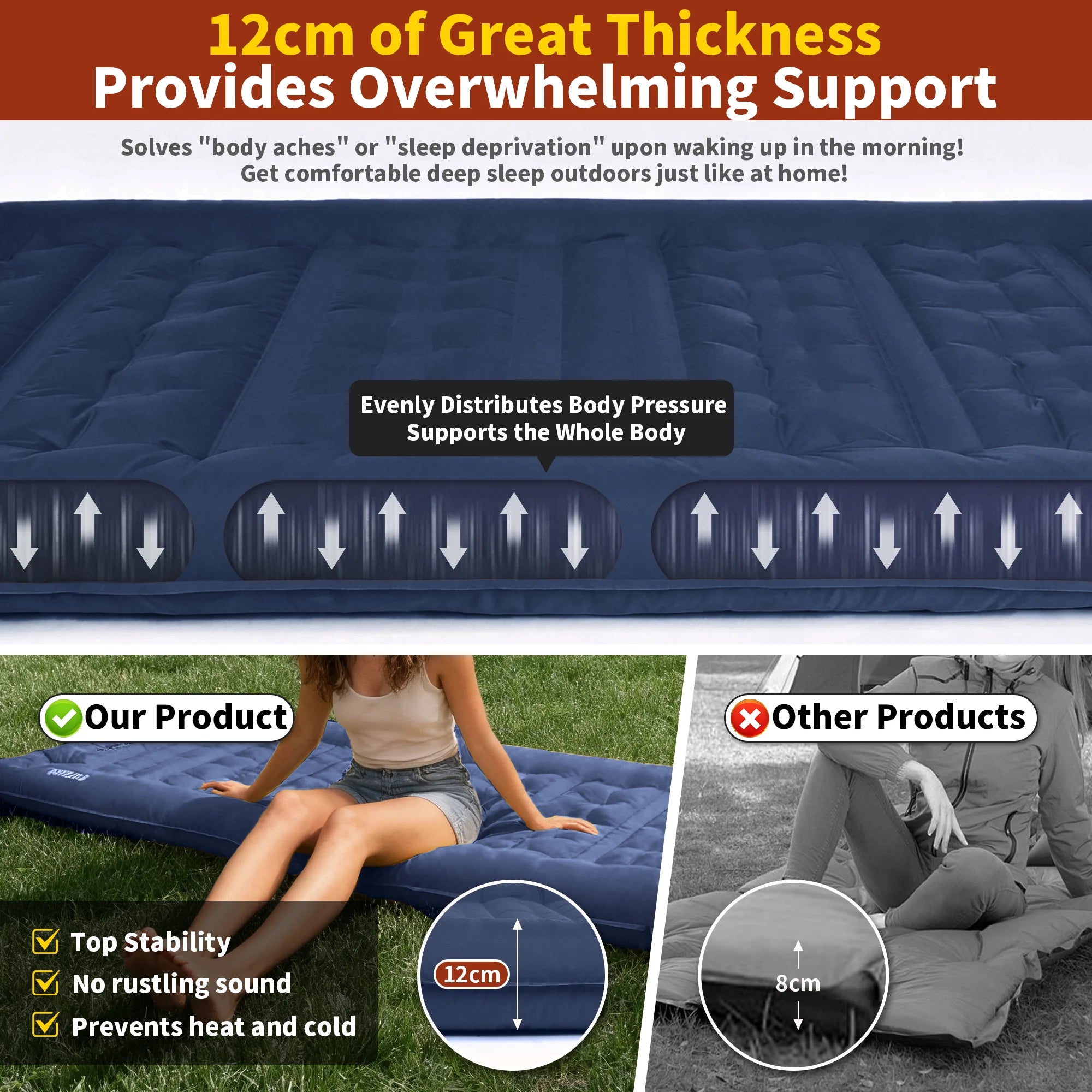 MAPLEAF 12cm Air Mattress Camping Inflatable Mattress Ultralight Waterproof Sleeping Mat Hiking Sleeping Pad Built-in Foot Pump
