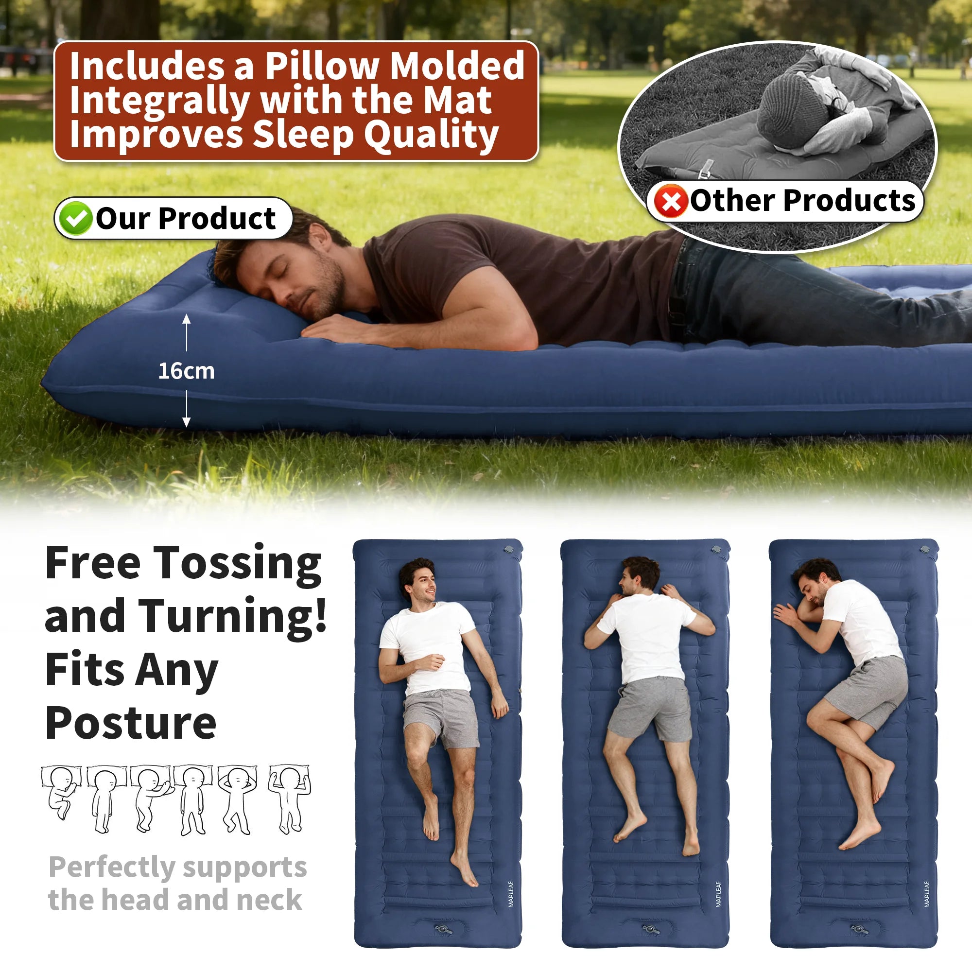 MAPLEAF 12cm Air Mattress Camping Inflatable Mattress Ultralight Waterproof Sleeping Mat Hiking Sleeping Pad Built-in Foot Pump