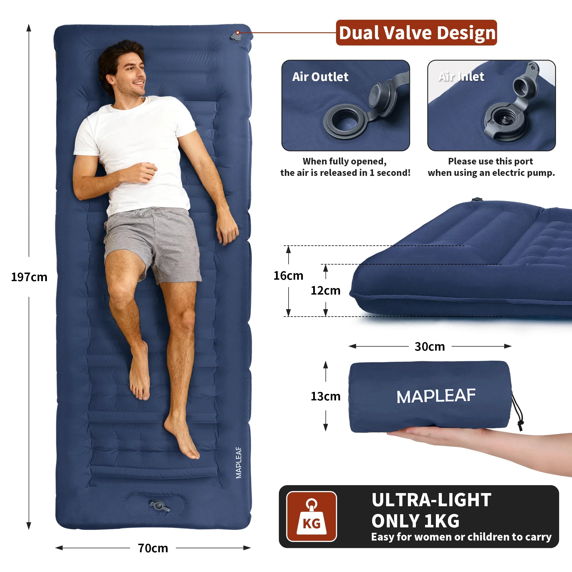 MAPLEAF 12cm Air Mattress Camping Inflatable Mattress Ultralight Waterproof Sleeping Mat Hiking Sleeping Pad Built-in Foot Pump
