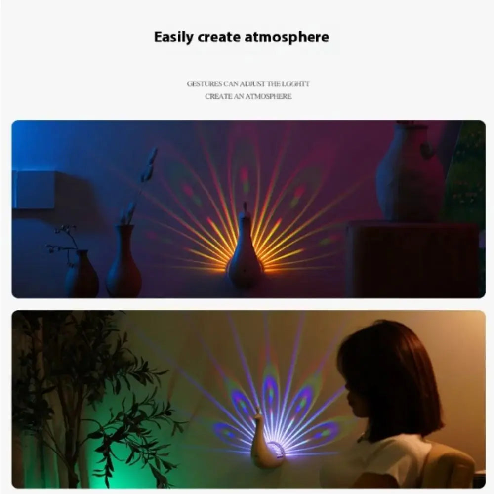 Color Changing Peacocks Wall Lamp Dimmable Touch USB Rechargeable Peacock Projection Lamp Wall Mounted Rainbow Lighting